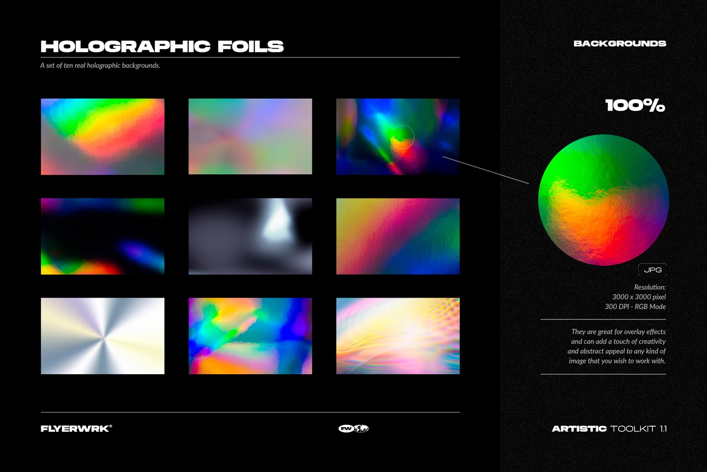 Artistic Toolkit 1 holographic foils set with vibrant iridescent gradients and high resolution colorful texture effects