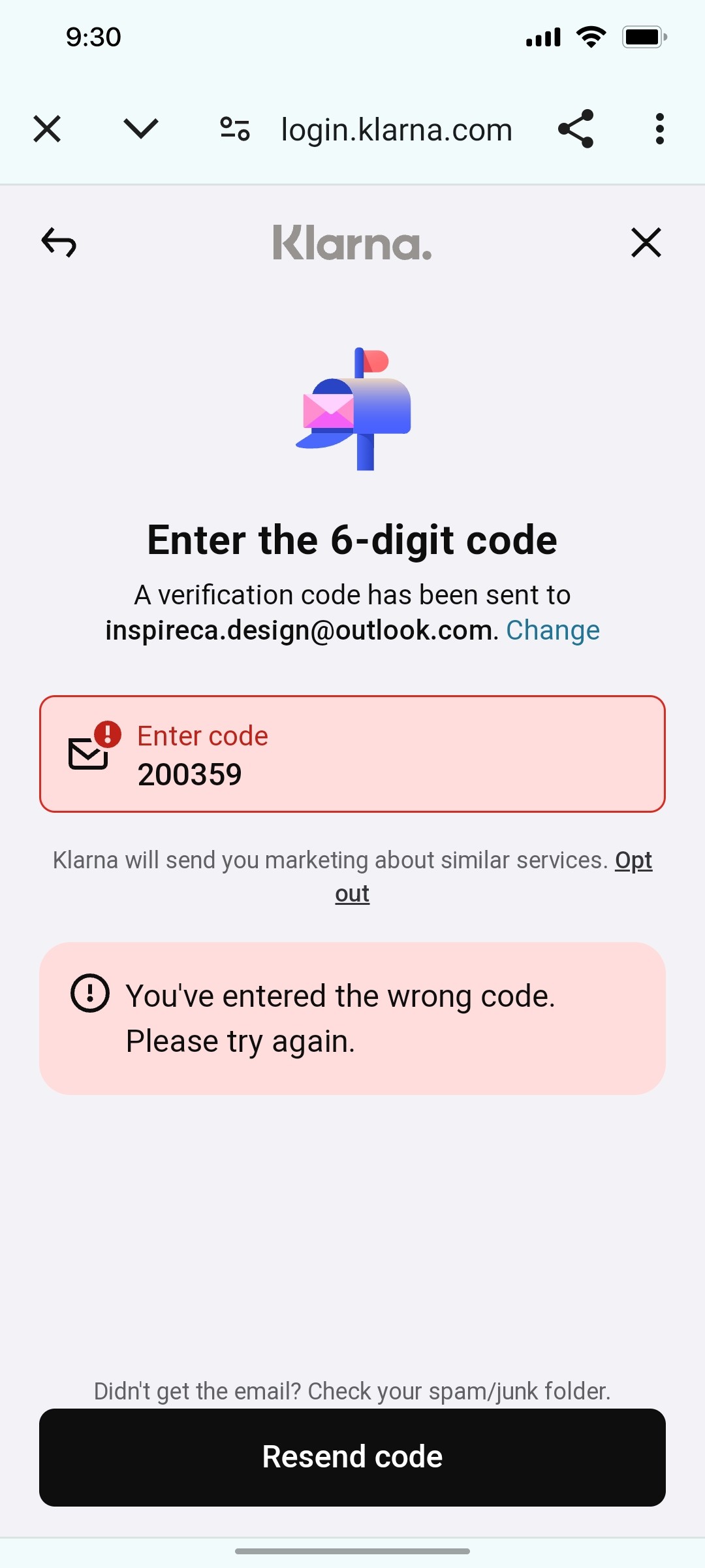 Klarna Resend Code Screen