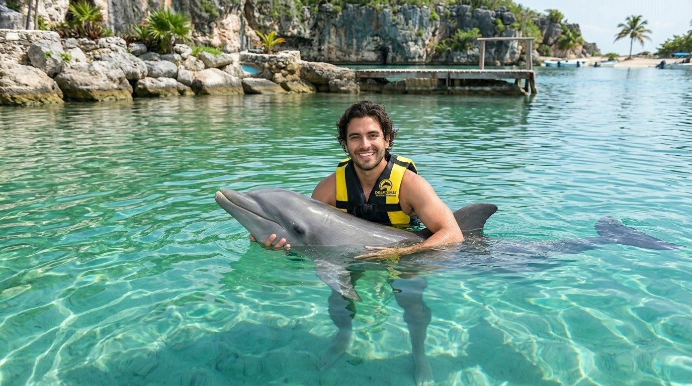 Smiling man in a yellow life jacket holding a dolphin in clear water.