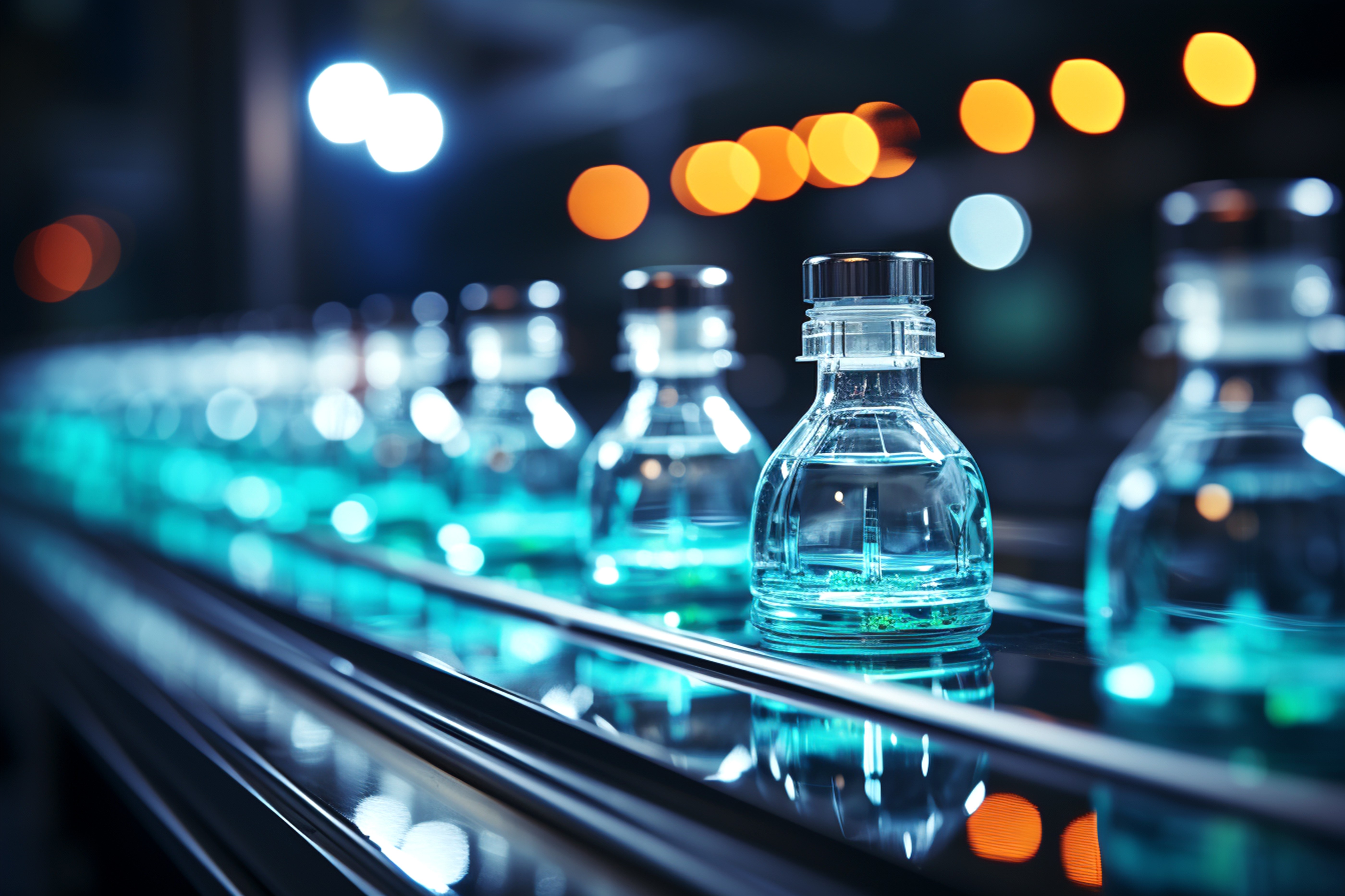 Row of clear glass vials of liquid on a production line, lit turquoise with bokeh lights behind
