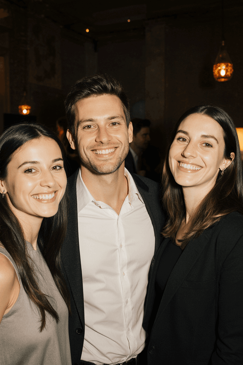 Three smiling people posing for a photo. A man in a white shirt and two women, one in a gray dress and one in a black blazer.