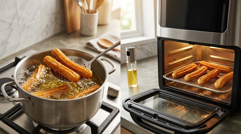 A side-by-side comparison of two cooking methods: on the left, a person deep-fries churros in a pot of hot oil on a gas stovetop; on the right, golden churros are baking inside a modern, lit air fryer oven, showcasing a healthier alternative.