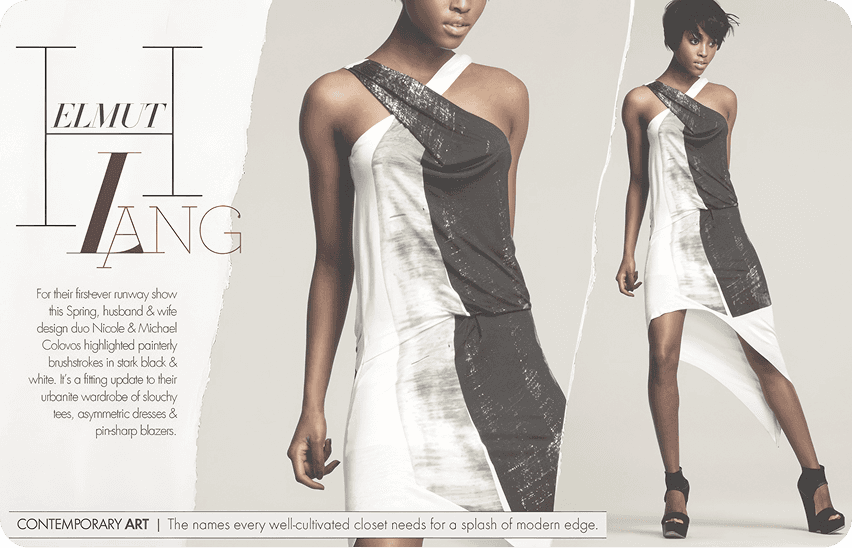 Helmut Lang spring fashion editorial featuring models in black and white asymmetric dresses with contemporary design