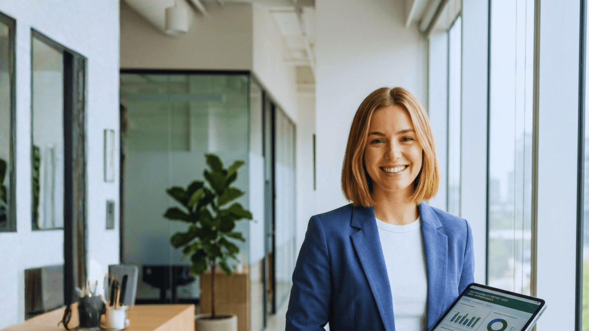 Birleşik Krallık ofis ortamında tablet ile veri sunumu yapan gülümseyen iş kadını, sürdürülebilirlik raporu ve iş analitiği grafikleri