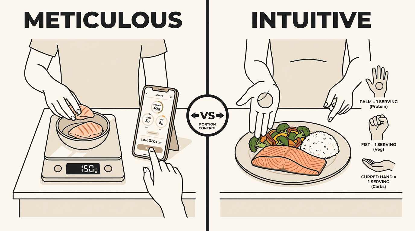 Comparison diagram of meticulous food scale tracking versus intuitive hand portion method for tracking macros