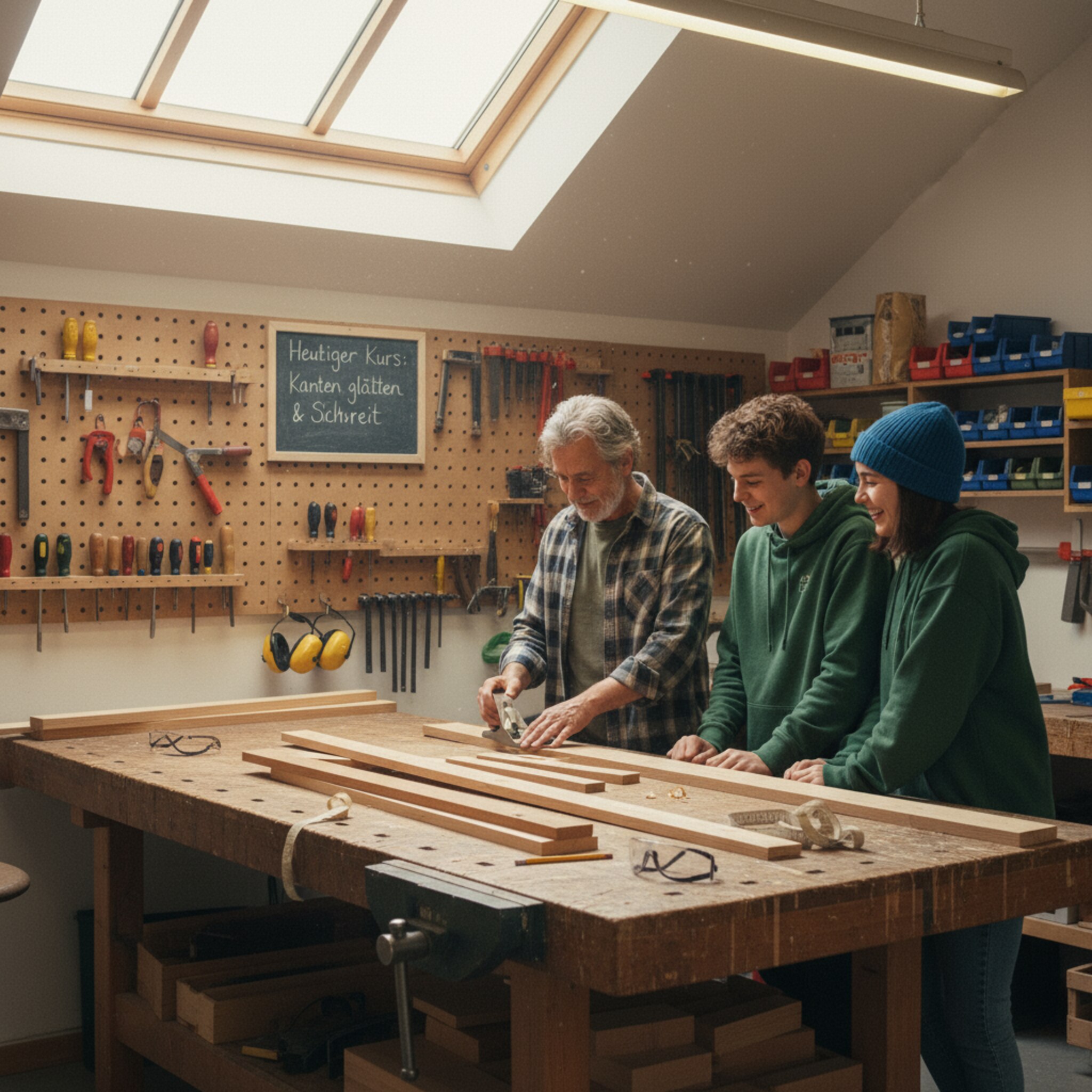 In einer Werkstatt liegt Holz auf einer breiten Werkbank, daneben ordentliche Reihen mit Werkzeug. Zwei Jugendliche lachen, während ein älterer Nachbar zeigt, wie man eine Kante glättet. Staub tanzt im schrägen Licht, das durch ein Oberlicht fällt. Eine Tafel an der Wand nennt den heutigen Kurs.