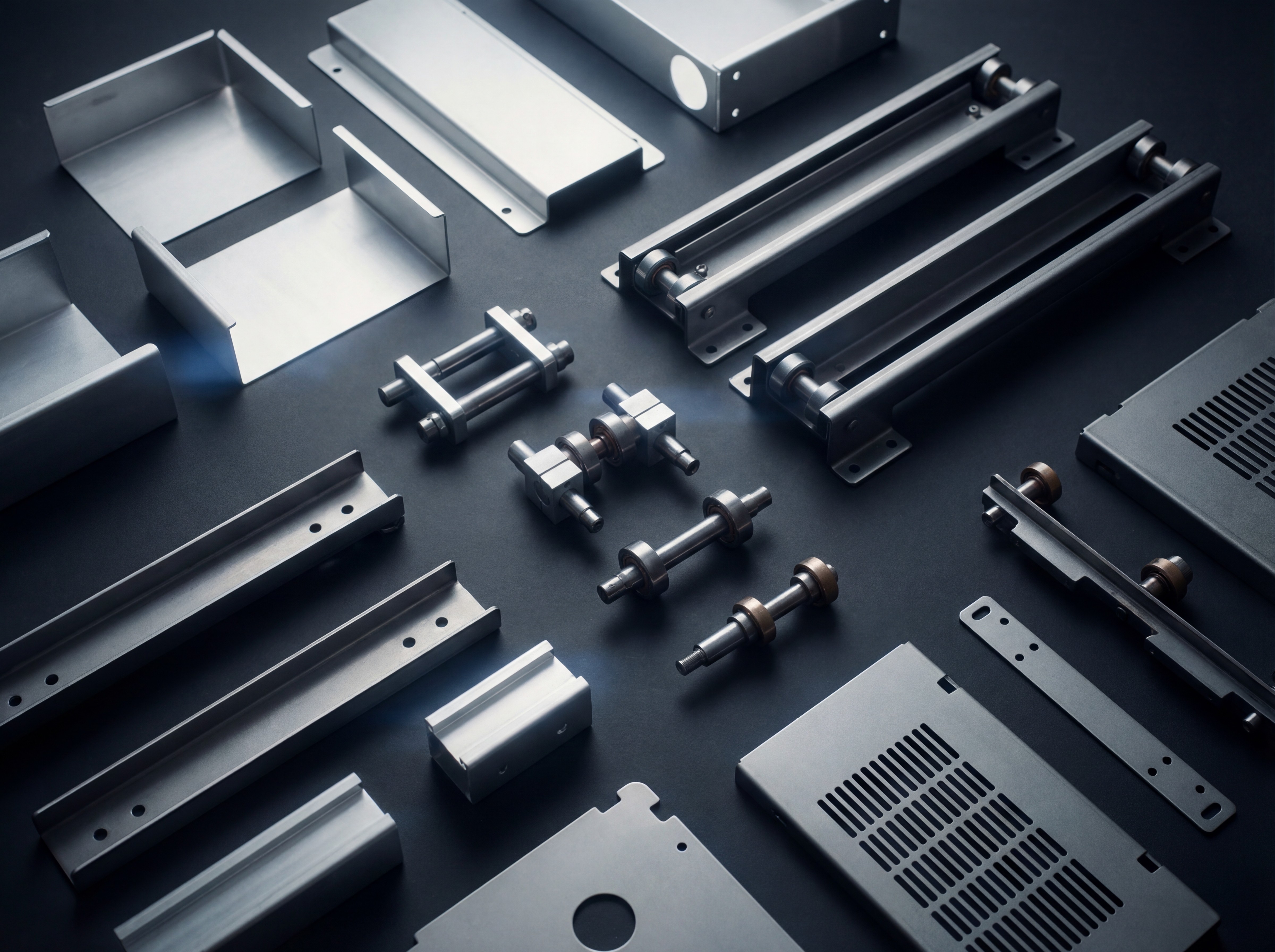 Set di componenti metalmeccanici di precisione per linee packaging e sistemi di automazione industriale