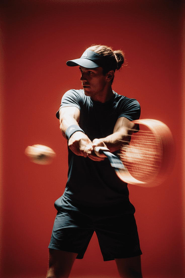 Tennis player mid-backhand against a red studio backdrop
