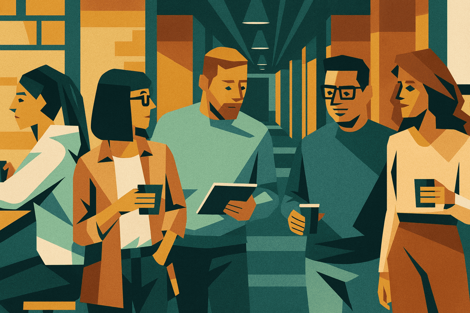 Cinque colleghi conversano in uno spazio di coworking, con tazze di caffè e un tablet.