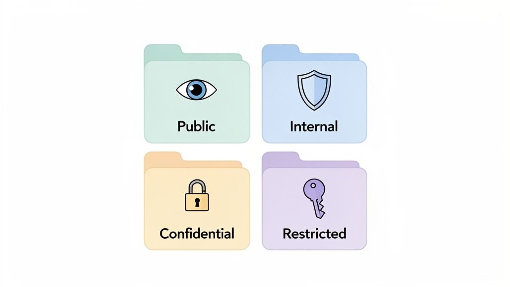 Four colored folders showing data classification levels: Public, Internal, Confidential, and Restricted with icons.