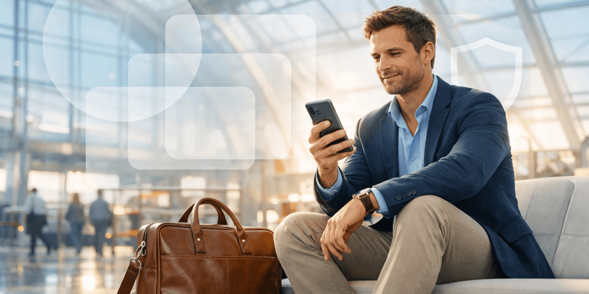 Man in a blue blazer and beige pants sits on a bench at a modern airport, smiling at his smartphone. A leather bag is beside him, and the atmosphere is bright and professional.