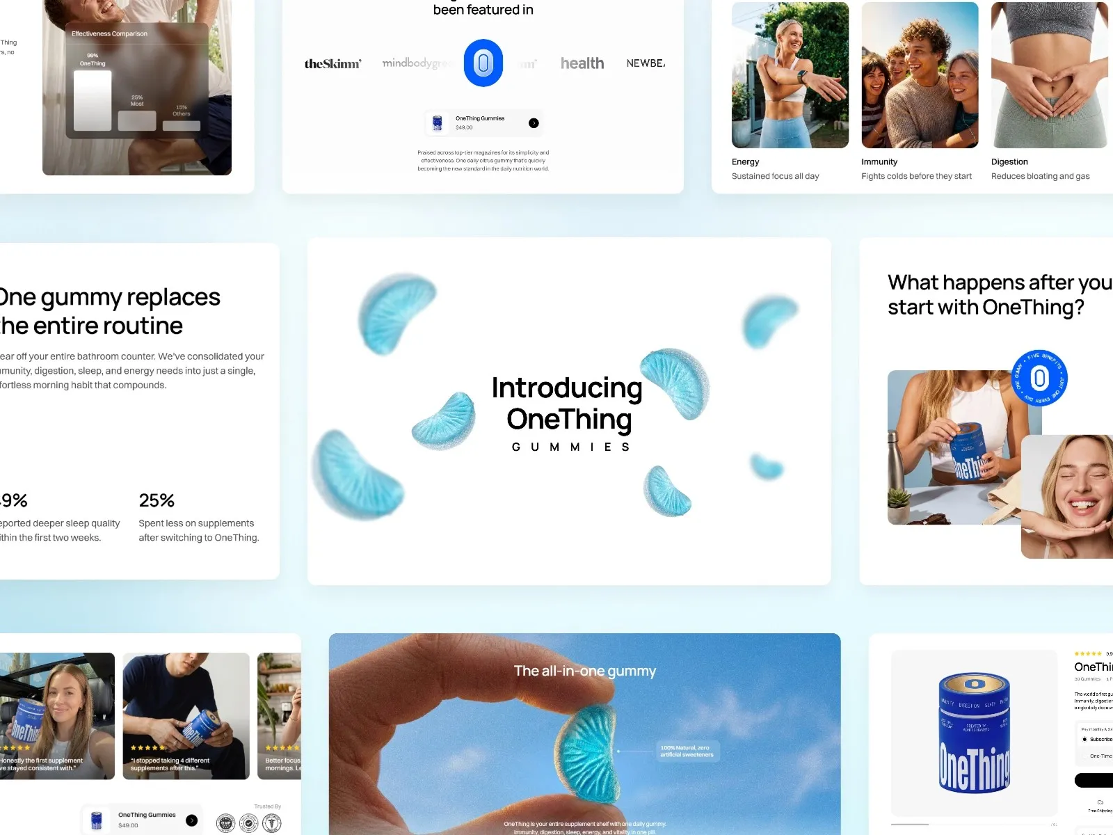 Blue gummies for health, shown with various visuals and benefits.