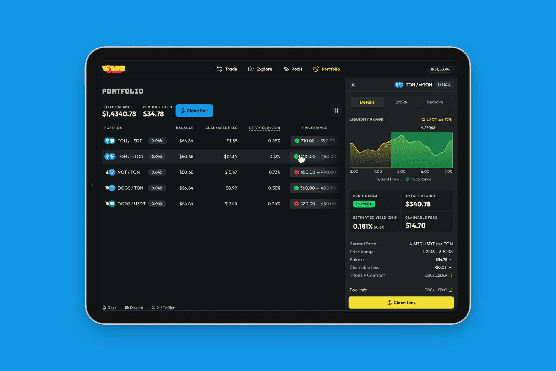 Liquidity pool drawer, desktop