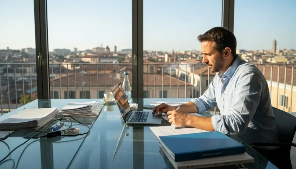 Responsabile HSE seduto alla scrivania mentre analizza i dati tramite il gestionale sicurezza sul lavoro