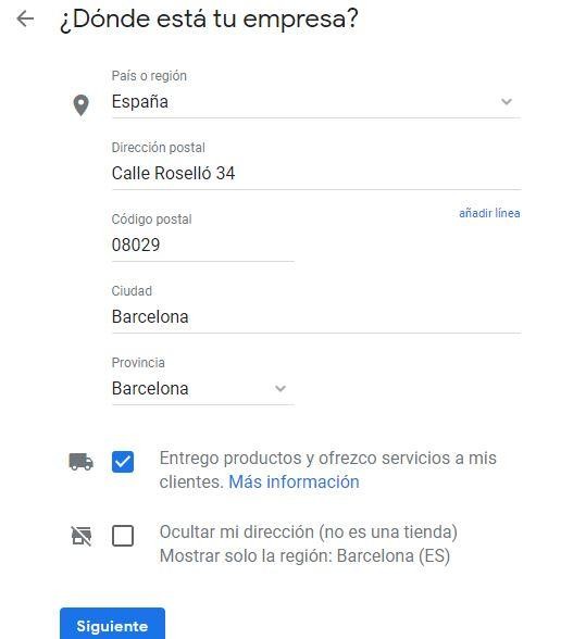 Cómo crear una ficha en Google My Business: indicar dirección