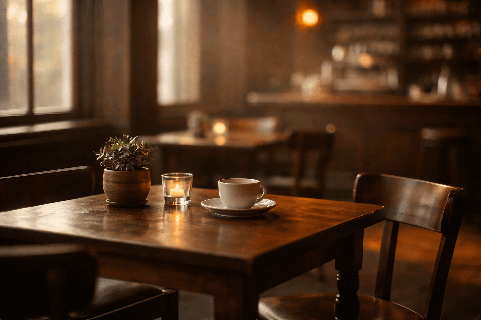 Single cup of coffee on a small wooden table near a window in a quiet café setting.