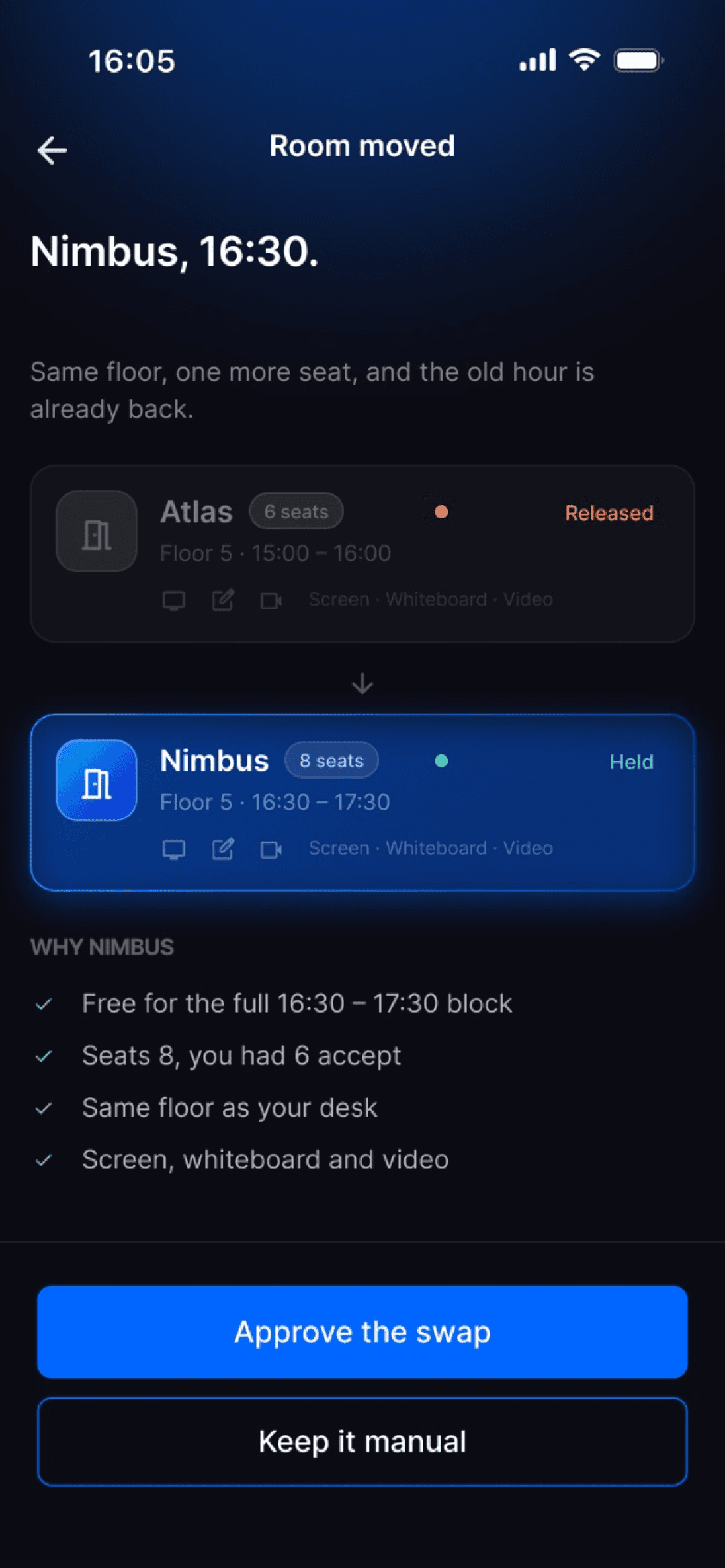 Room moved: Nimbus held for 16:30 and Atlas released, with the reasons