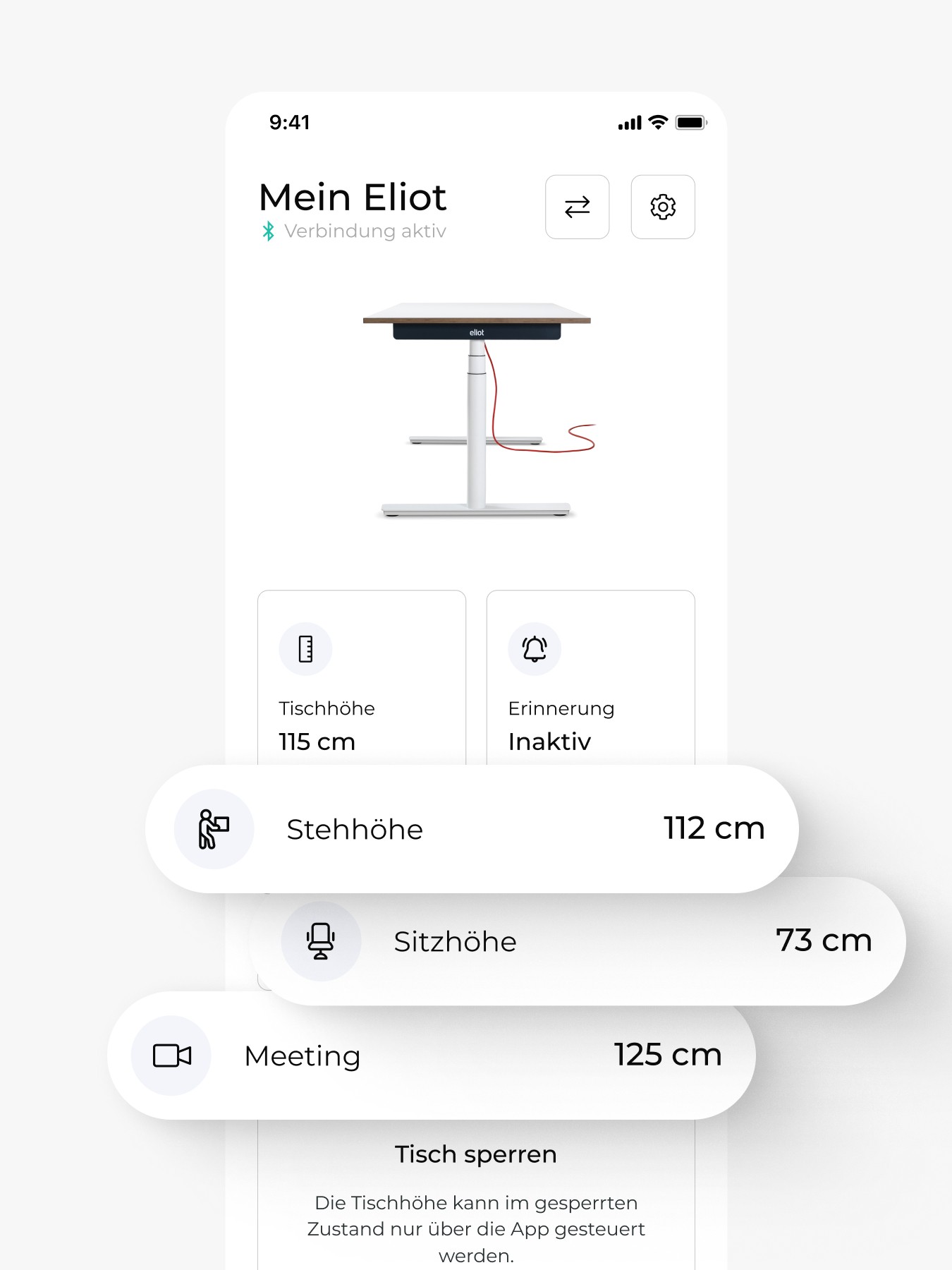 Mobilansicht einer App zur Steuerung eines Schreibtisches mit voreingestellten Höhen für verschiedene Nutzungsarten.