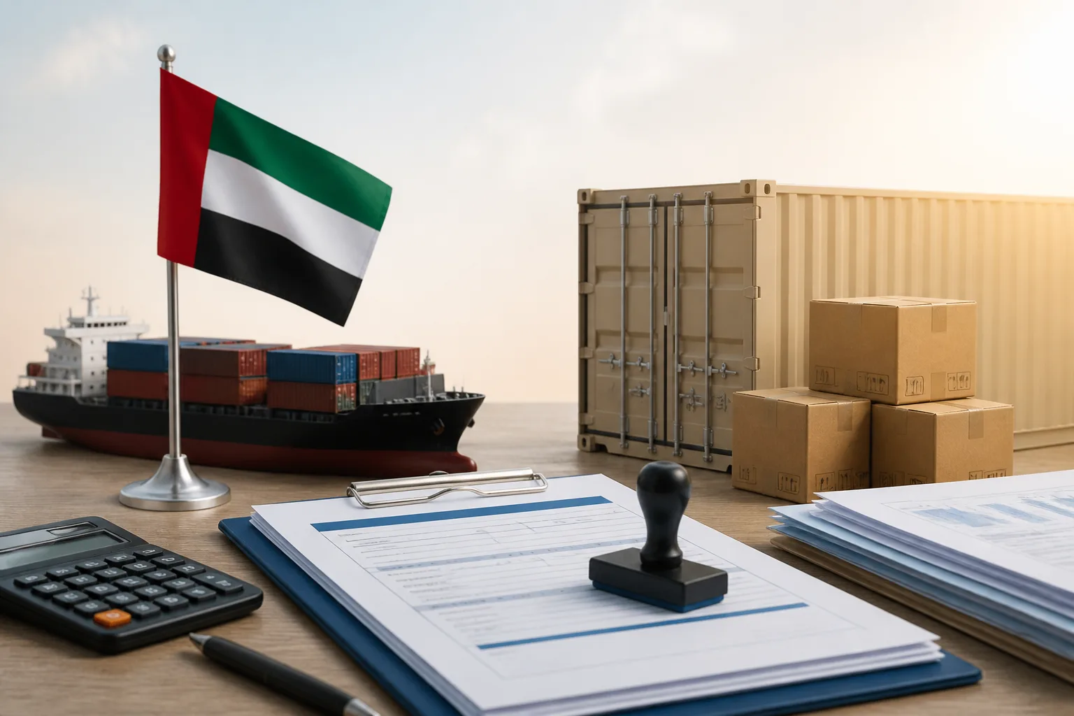 Letter of Credit for UAE Importers beside a warehouse with cargo pallets and a shipping