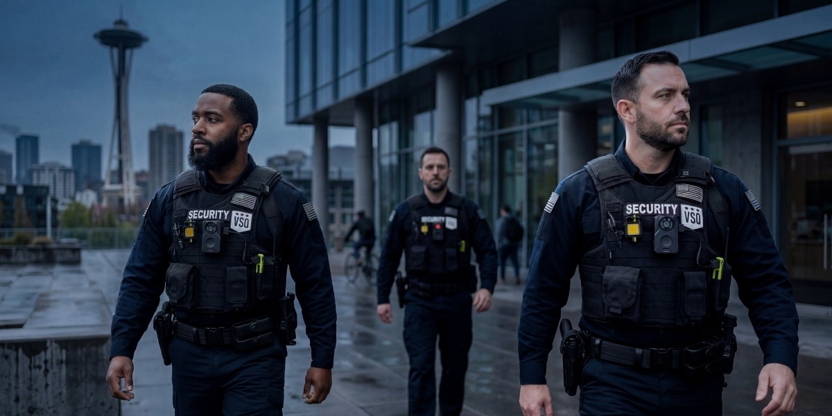 Three VSO veteran security officers in uniform walking through downtown Seattle with the Space Needle in the background
