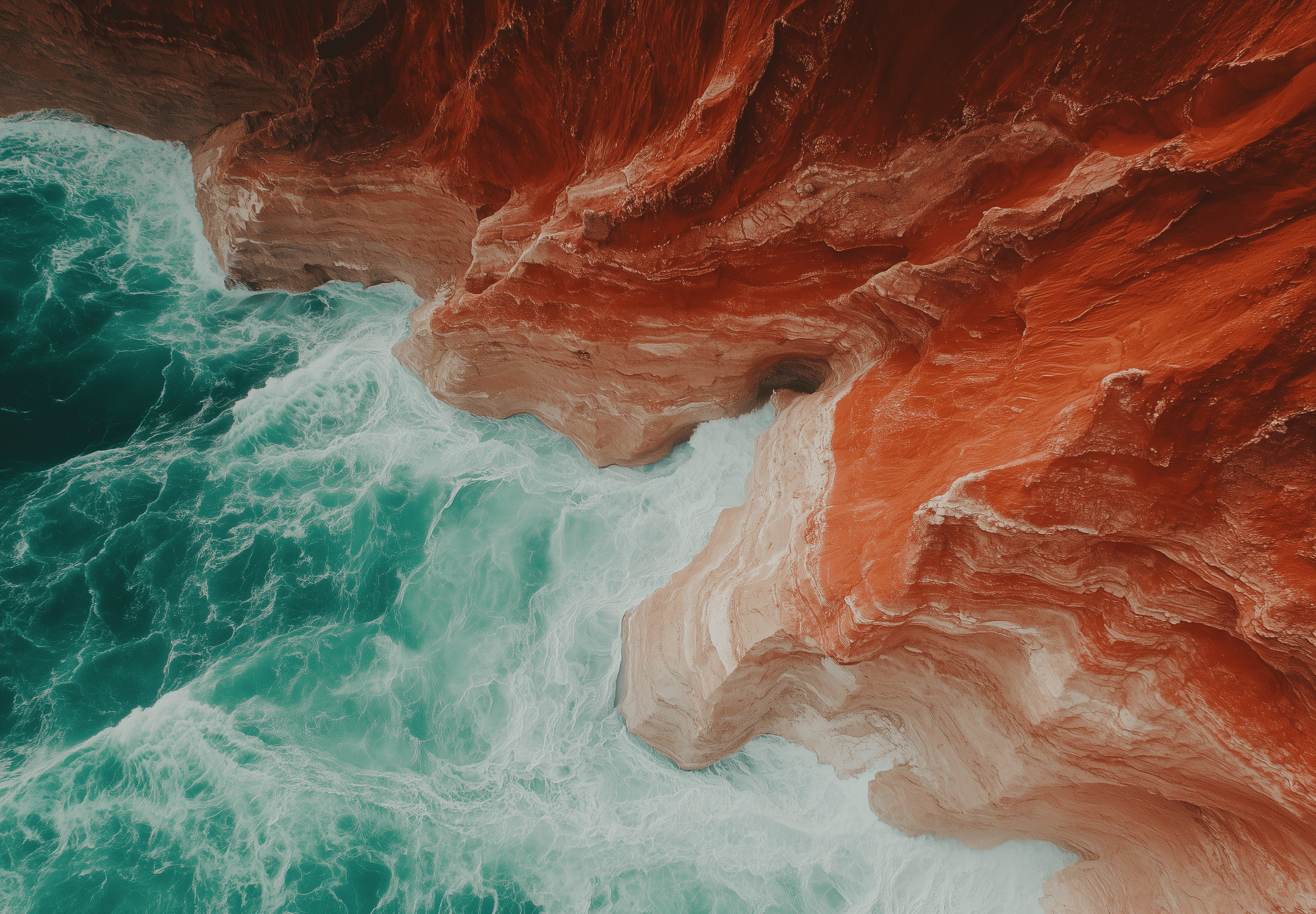 Aerial view of red desert waves, with bright white and vibrant blue colors, a top-down perspective, in the style of Chinese landscape painting. The red rock formations resemble oceanic patterns, creating a stark contrast between the warm tones of the red rocks and the cool sky. This captures the natural beauty with a sense of scale, creating an otherworldly scene, shot with a Hasselblad camera.