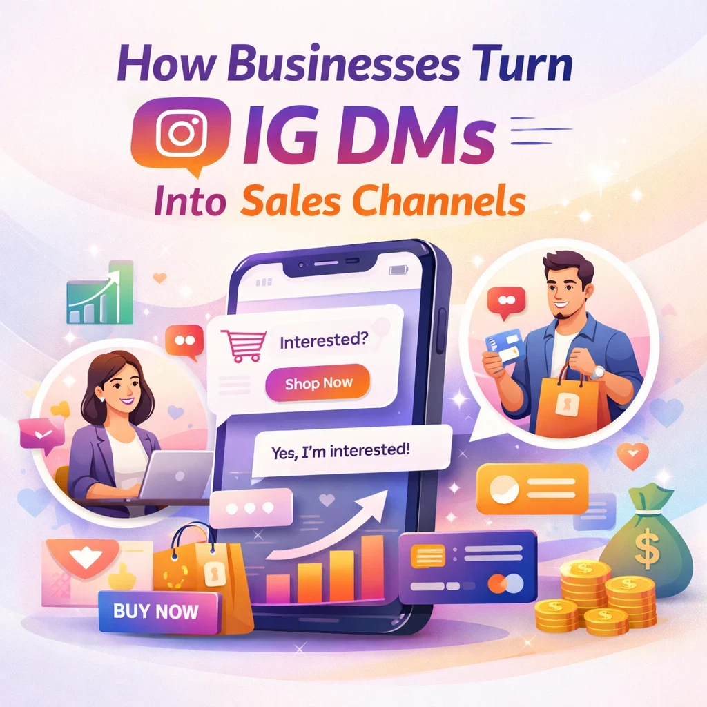 “Modern blog cover illustration titled ‘How Businesses Turn IG DMs Into Sales Channels’ showing a smartphone with Instagram direct message conversations transforming into purchases, featuring chat bubbles, ‘Shop Now’ CTA, shopping bags, growth charts, coins, and business–customer interaction on a light pastel background with a clean, professional UI/UX design.”