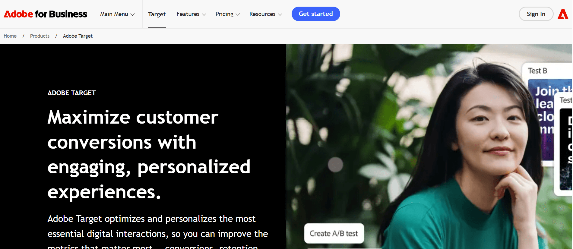 Banner showcasing Adobe Target platform for maximizing customer conversions.