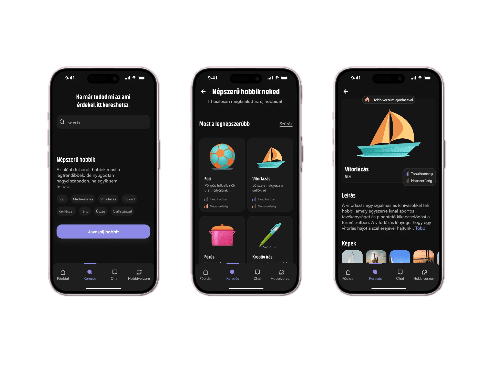 Three mobile app screens displaying hobby search, recommendation browsing, and detailed activity information in a social discovery app.