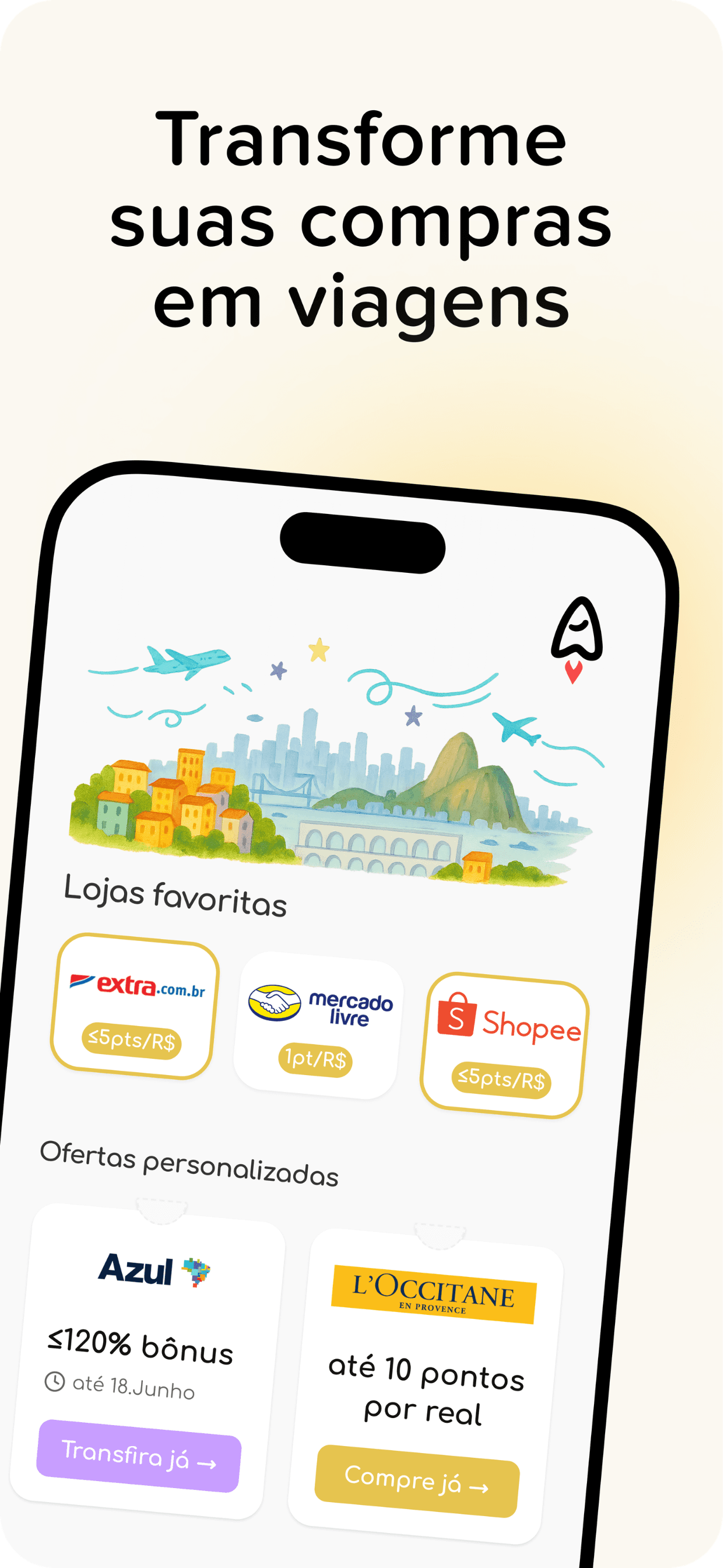 Imagem do Acelera Pontos mostrando como transformar compras bonificadas em pontos, milhas e viagens, com a frase ‘Transforme suas compras em viagens’, a tela do app exibindo lojas parceiras como Amazon, Extra e Mercado Livre, e ofertas personalizadas como bônus da Azul e até 12 pontos por real na Natura.
