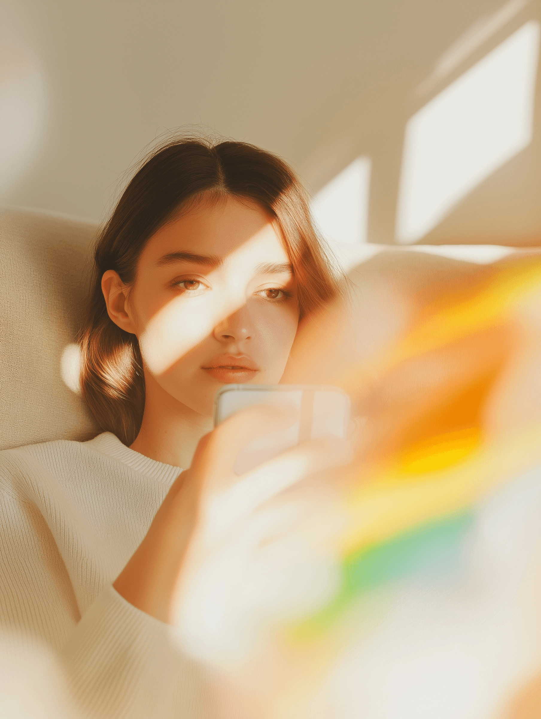 A young person sits quietly, holding a rainbow-colored object, with soft light filtering through the background.