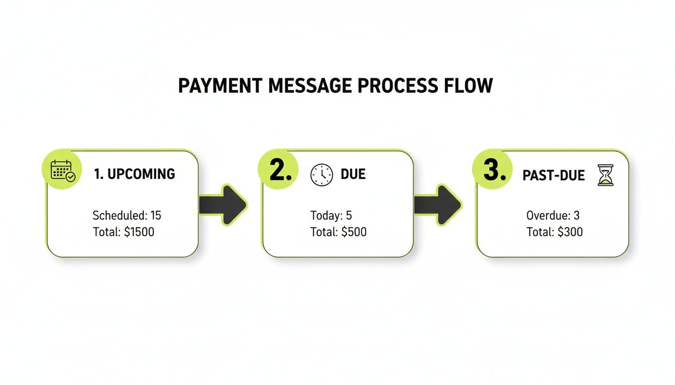 A flowchart showing a payment message process with three stages: Upcoming, Due, and Past-Due totals.