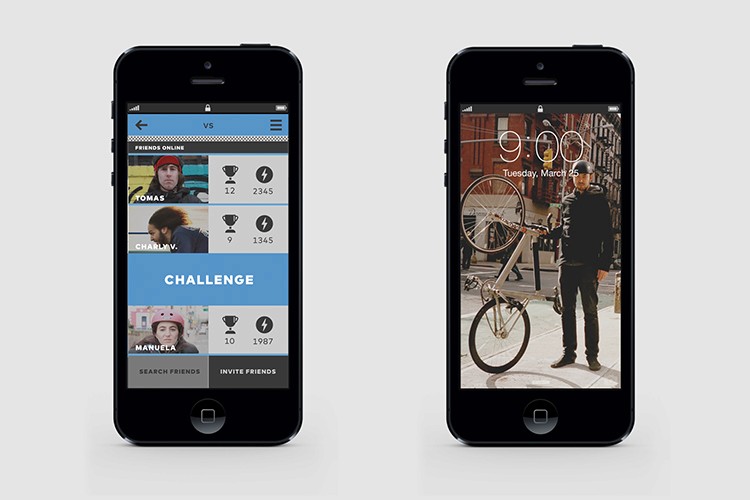 The image shows two black iPhones placed side by side on a white surface. Both phones display the same lock screen featuring a blue banner with the word "CHALLENGE" in white text. Below the banner, a list of participants is visible, including "TOMAS," "CHARLYV.," "MANUELA," and "INVITE FRIENDS." Each participant has a small profile picture next to their name. The phone on the right also displays a photo of a person standing on a paved area holding a bicycle. The time shown on this phone is 9:00, and the date is Tuesday, March 25. The screen on both phones is identical in design and layout.