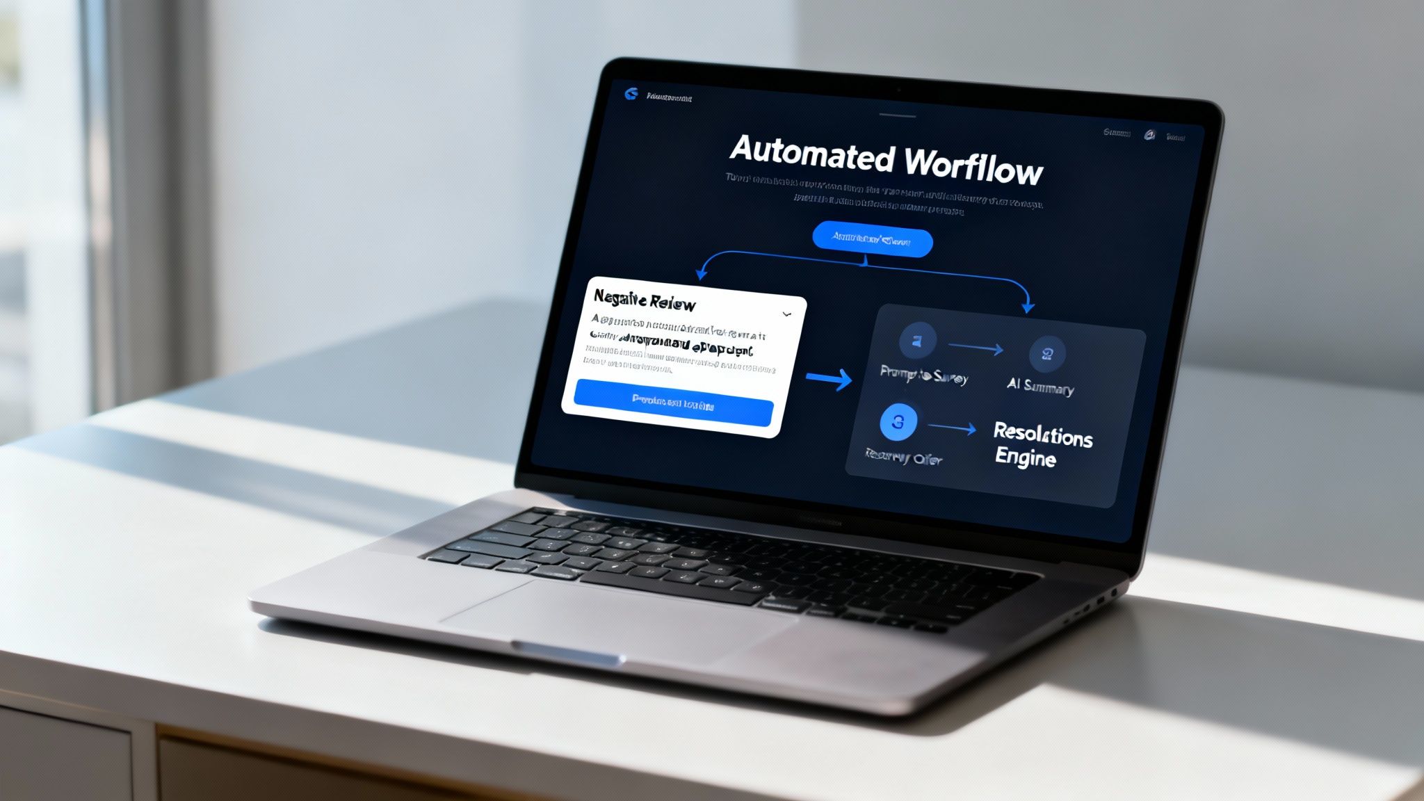 A laptop screen showcases an automated workflow system for handling negative reviews and customer feedback.