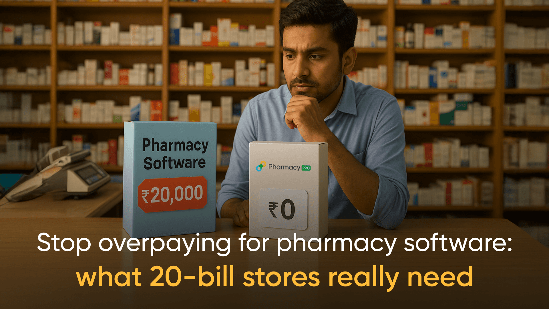 Pharmacist comparing costly ₹20,000 pharmacy software with free Pharmacy Pro solution for 20-bill daily stores., Pharmacy business growth, medical store owner tips, digital transformation for pharmacies, small business software India, healthcare IT solutions, pharmacy software pricing, affordable medical store software, transparent pricing model, no hidden fees software, cost-effective pharmacy solution, software subscription cost, fair pricing for small business, pharmacy POS system features, Tally integration for medical stores, multi-user pharmacy software, mobile billing for pharmacy, inventory expiry alerts, pharmacy data migration, software implementation challenges, pharmacy operations management.