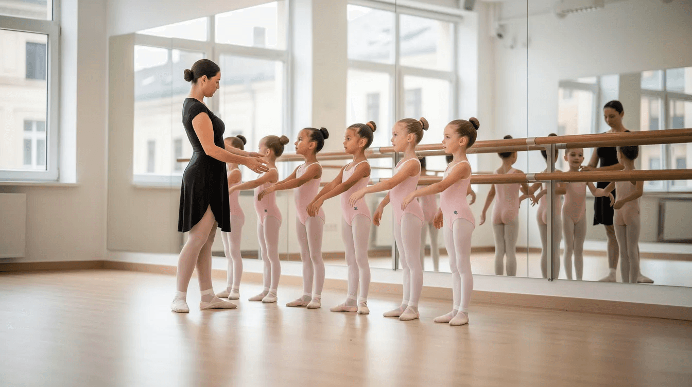 A bright and modern dance studio features young ballet students practicing at the barre, guided by their instructor. The environment promotes a structured learning experience, highlighting the importance of class scheduling and effective training scheduling software for managing their lessons.