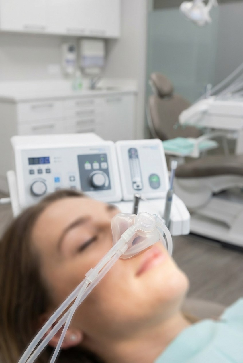 Nitrous oxide delivery system showing comfortable nose mask for safe mild sedation dentistry