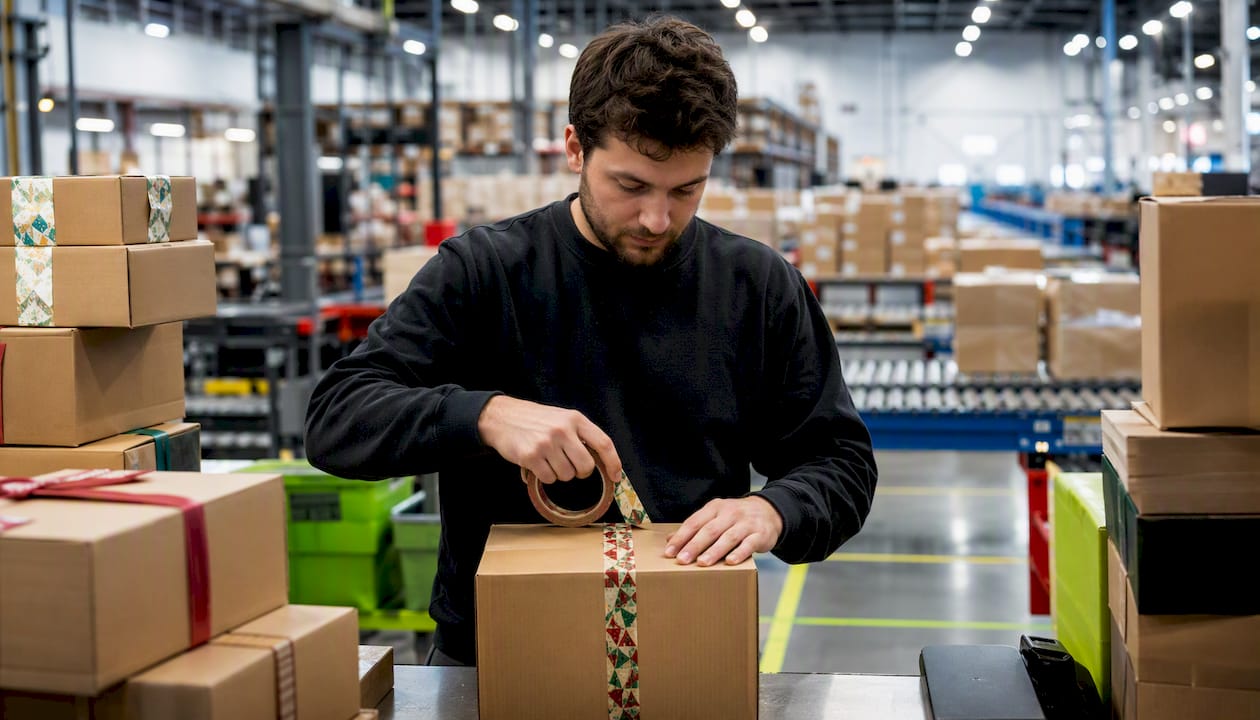Hands packing holiday shipment box