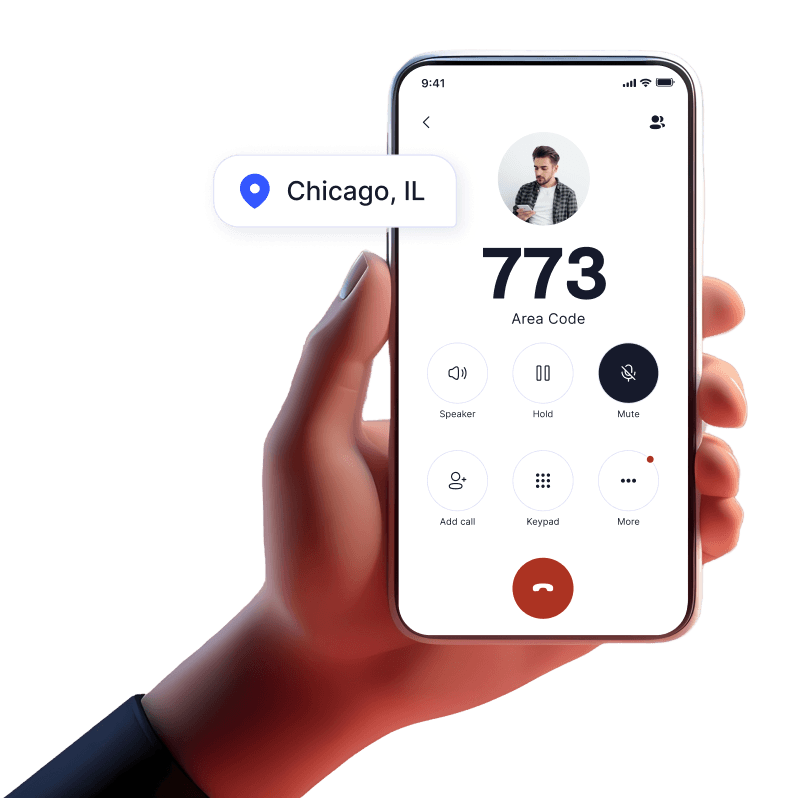 Hand holding mobile device with incoming call from 773 area code using LinkedPhone 2nd phone number mobile app