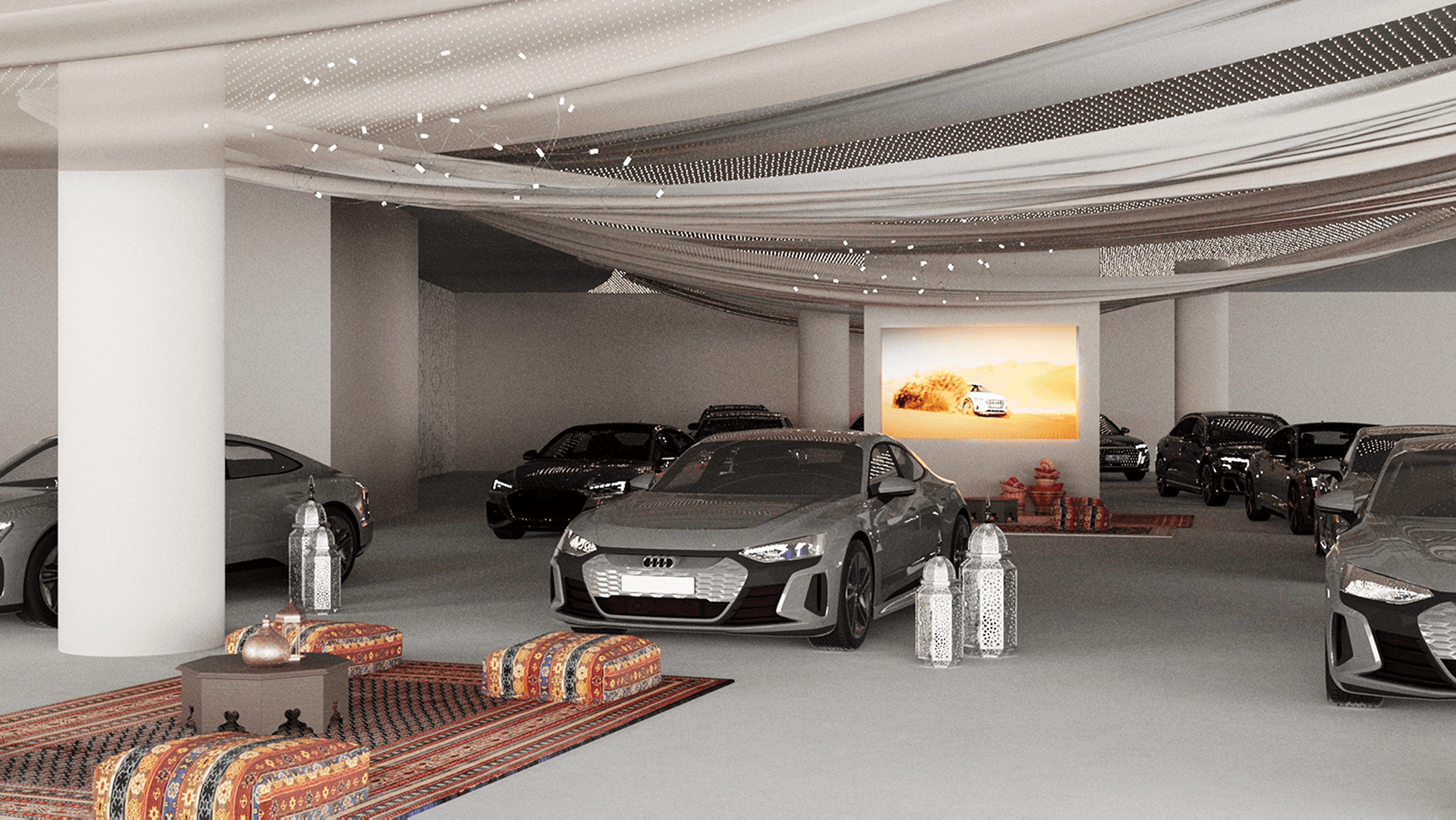 Render of the main exhibition hall at the Audi flagship showroom in Dubai, visualized by our team