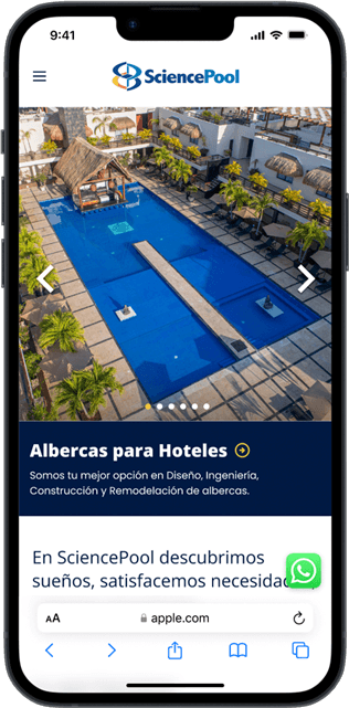 Fotografía de un iPhone que muestra la interfaz móvil del sitio web SciencePool, destacando la adaptación de la arquitectura de información y la jerarquía visual en pantallas pequeñas.