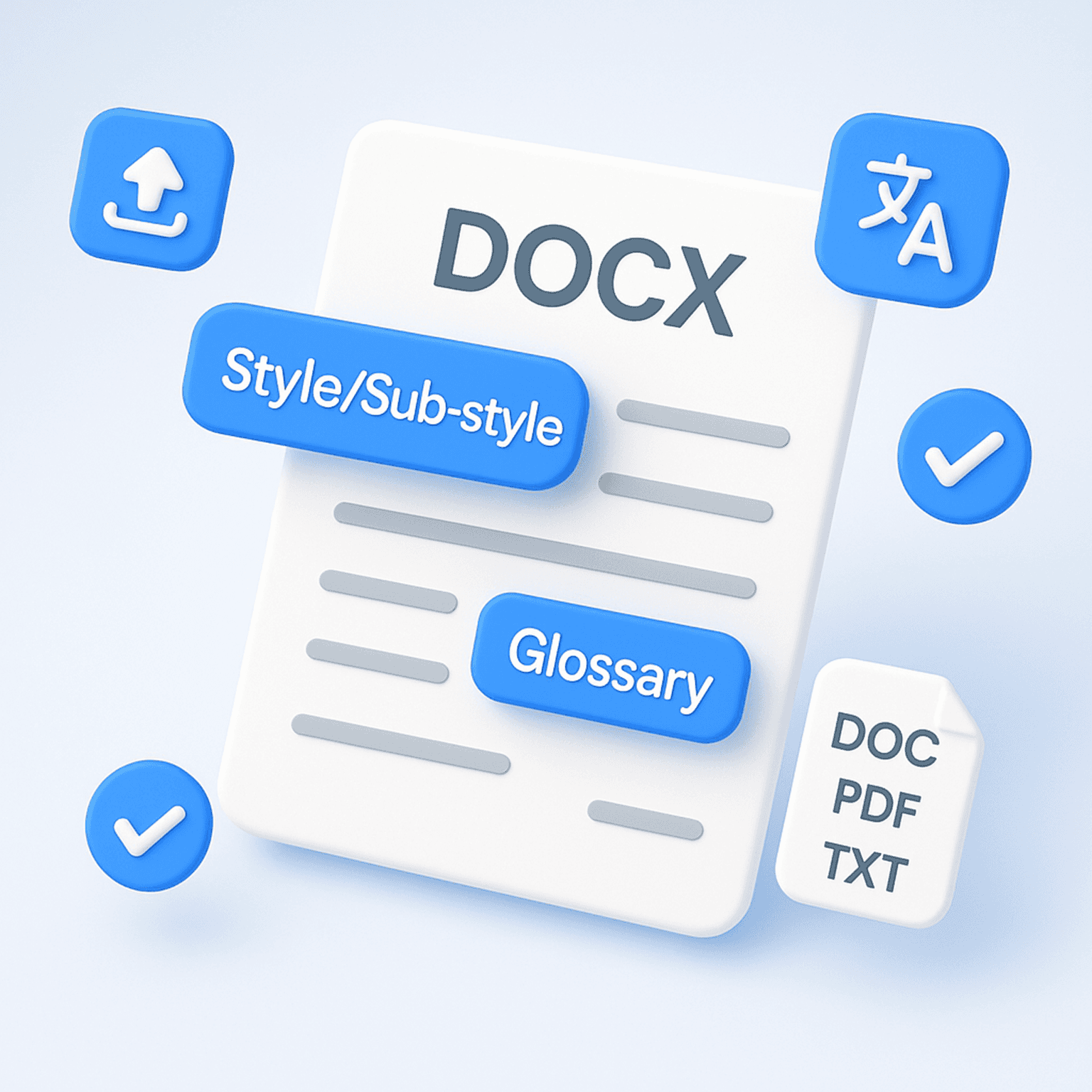 3D illustration of a document with text lines, surrounded by subtitle and style icons, representing the process of checking captions and exporting the final file.