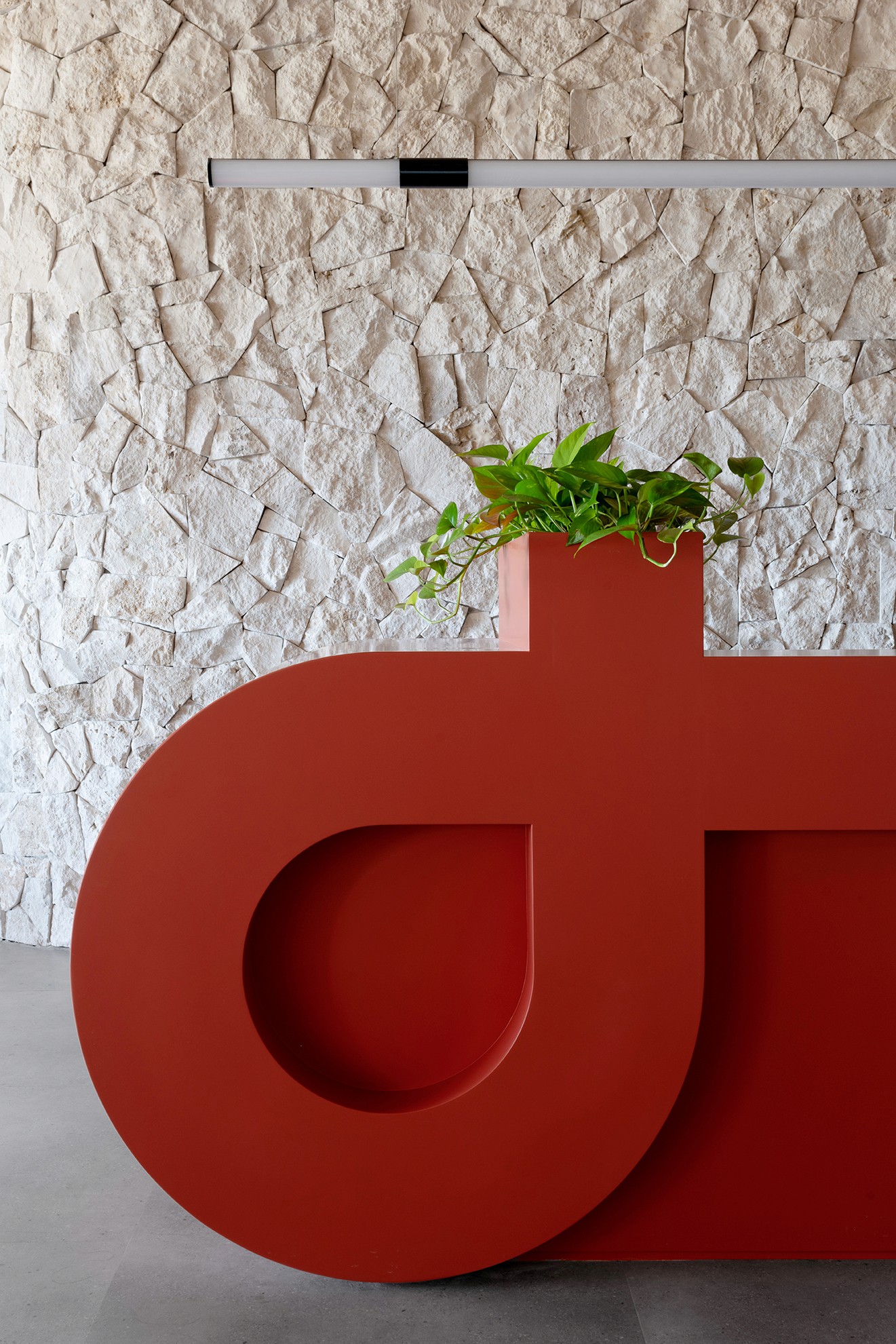 עיצוב משרדים מבוסס מיתוג: דלפק כניסה פיסולי בצורת הלוגו, המשלב צמחייה וניגודיות מול קיר האבן הטבעית