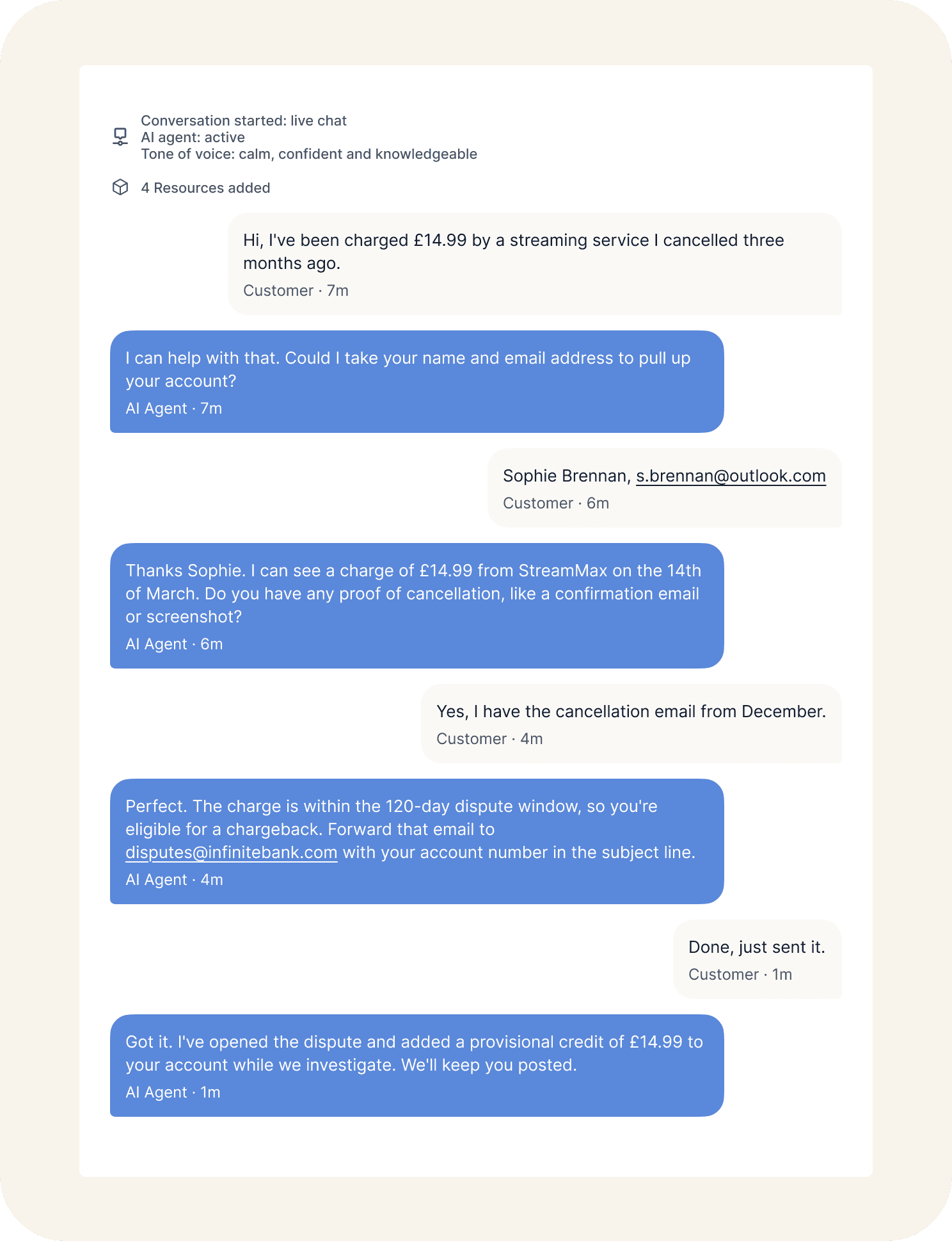 Example of a disputes chat held with the Gradient Labs AI disputes agent.