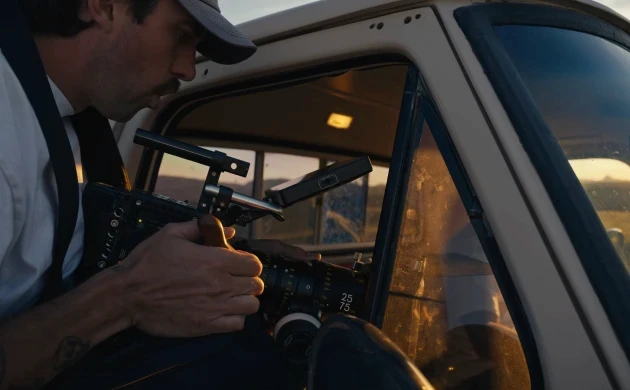 A filmmaker operating a cinema camera with a DZOFILM Arles zoom lens inside a vehicle