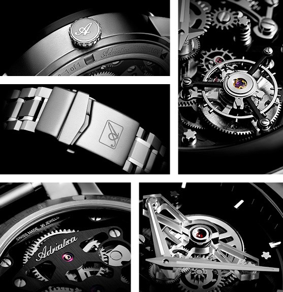 This collage showcases detailed close-ups of a luxury mechanical watch, highlighting its intricate gears, stainless steel bracelet, and branded logo engravings, emphasising precision and craftsmanship in Adriatica photography and video ads.