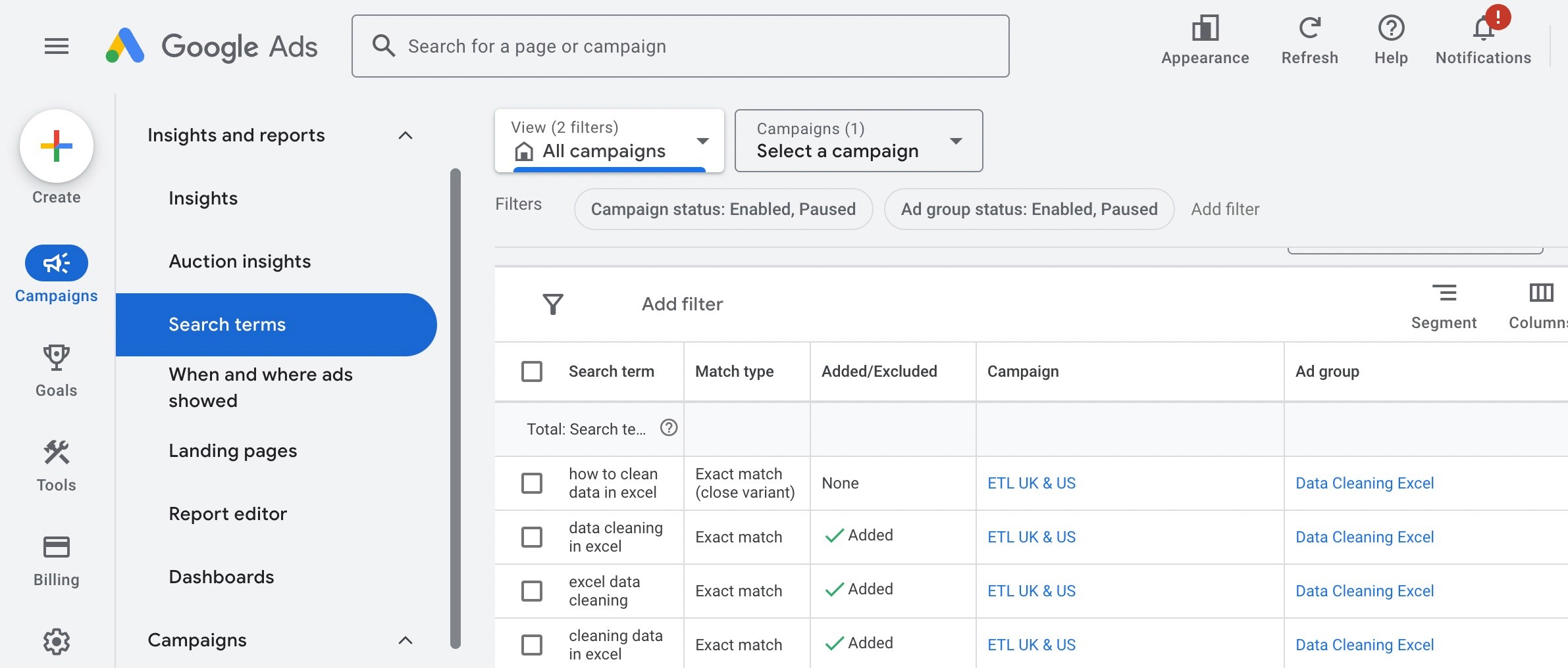 A view from the Google Ads management console showing search terms