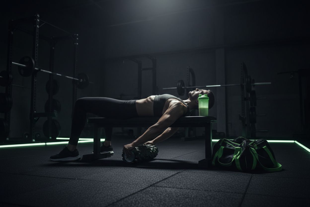 Recovery routine with foam roller and protein shake