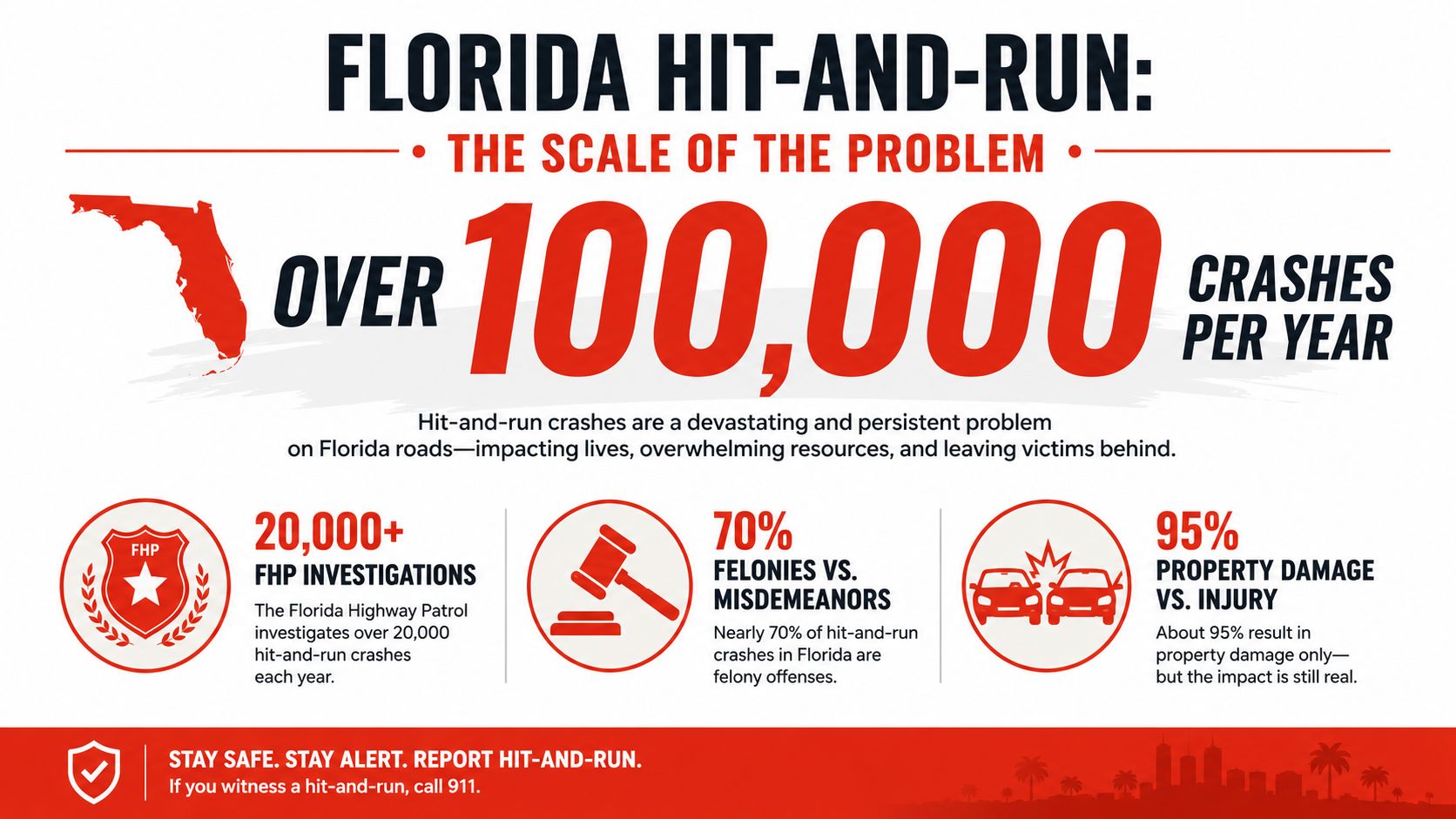 An infographic titled Florida Hit-and-Run highlighting over 100,000 crashes per year and key related statistics.