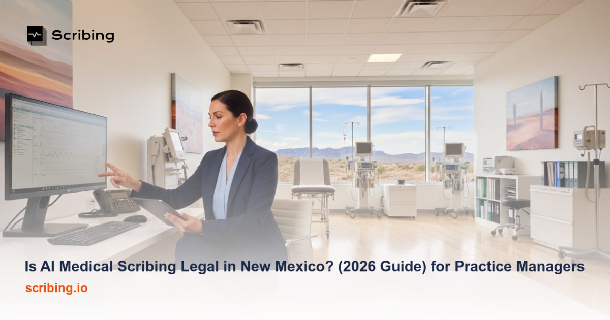 Modern medical office desk with laptop and stethoscope representing AI medical scribing technology in a New Mexico healthcare setting