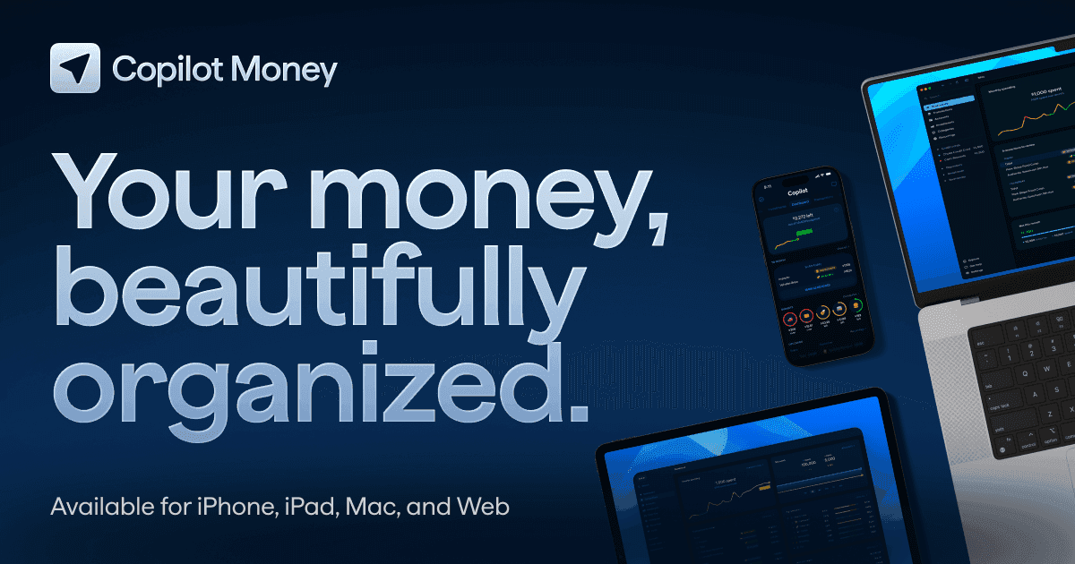 Copilot Money promotional graphic showing the Copilot Money logo, the headline Your money, beautifully organized, and app screens on iPhone, Mac, iPad, and web